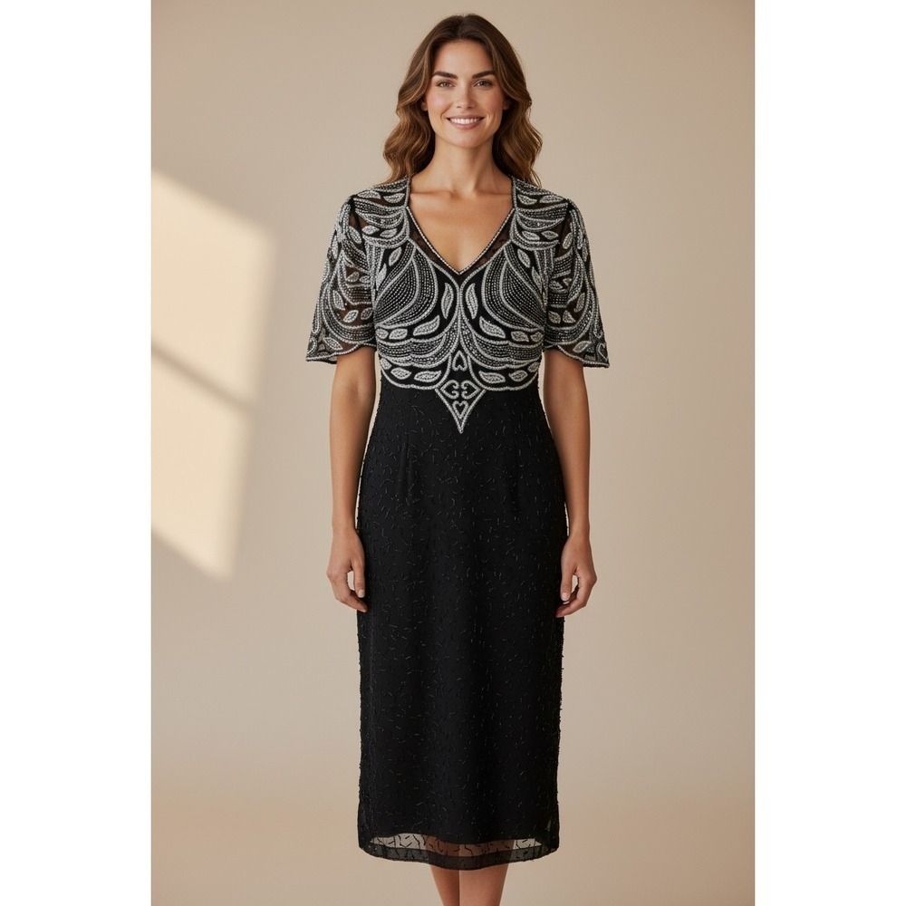 Night Vogue Black Silk Beaded Faux Pearl Art Deco Midi Dress Gown  Medium V-Neck